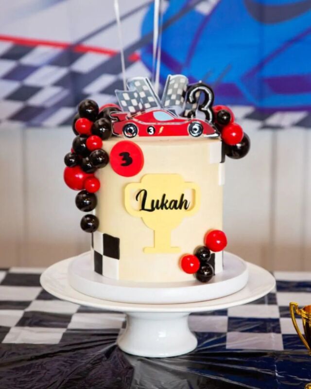 LUKAH IS 3! 
🏎️ 
I've had the pleasure of making all of Lukah's birthday cakes so far and this year he had a racing car themed birthday party.
This cake was our rich chocolate cake layered with Belgian chocolate buttercream & cocoa nibs, decorated with the cutest racing car details by @bakeitbeautiful.co.za
...
#celebrationcake
#celebrationcakes #racingcake #cake #cakes #cakeme #crumbcakes #crumbcakessa